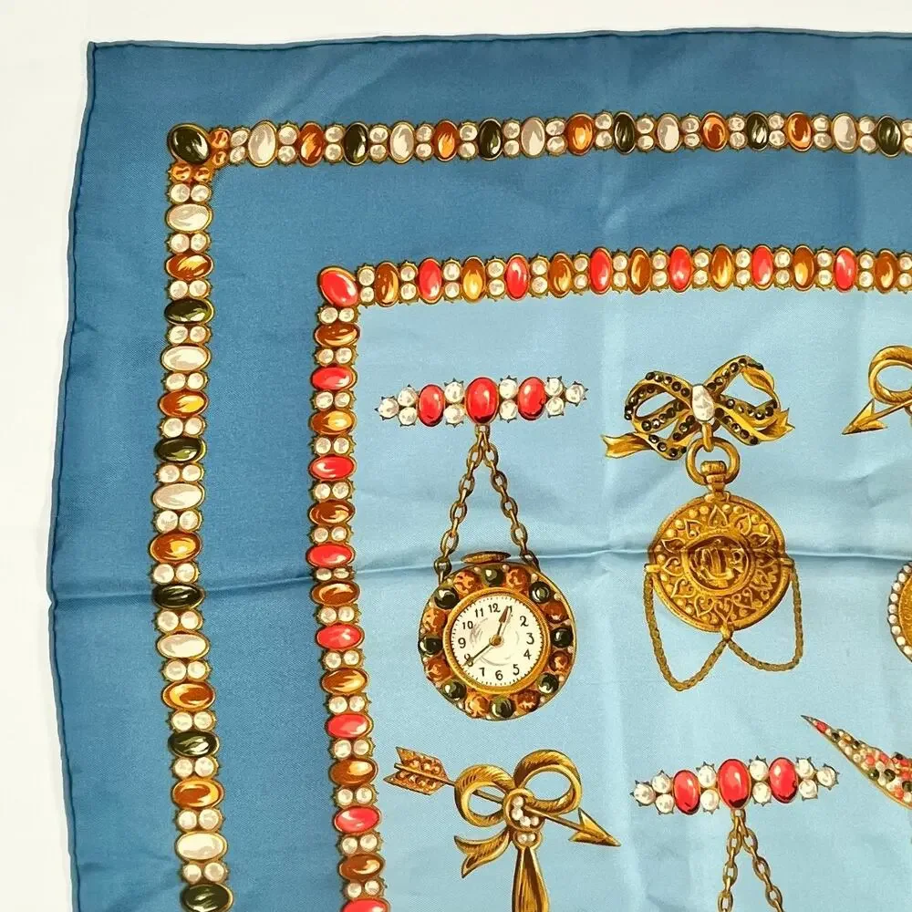 Christian Dior Silk Scarf Jewel & Watch Charm Pattern Blue 34.5